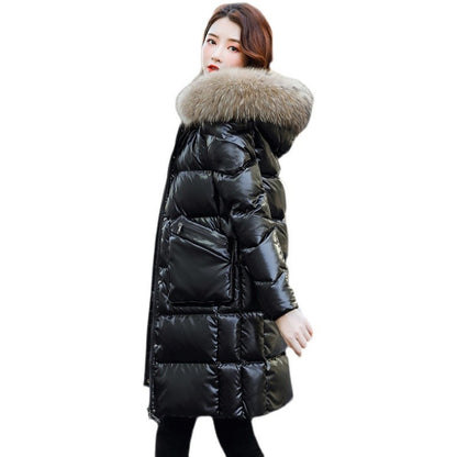Women's Medium-Long Wash-Free Hooded Thickened White Duck Down Jacket