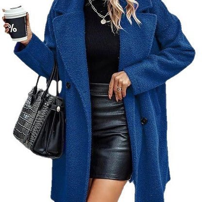 Fashion Button Pocket Long Sleeve Plush Women's Coat