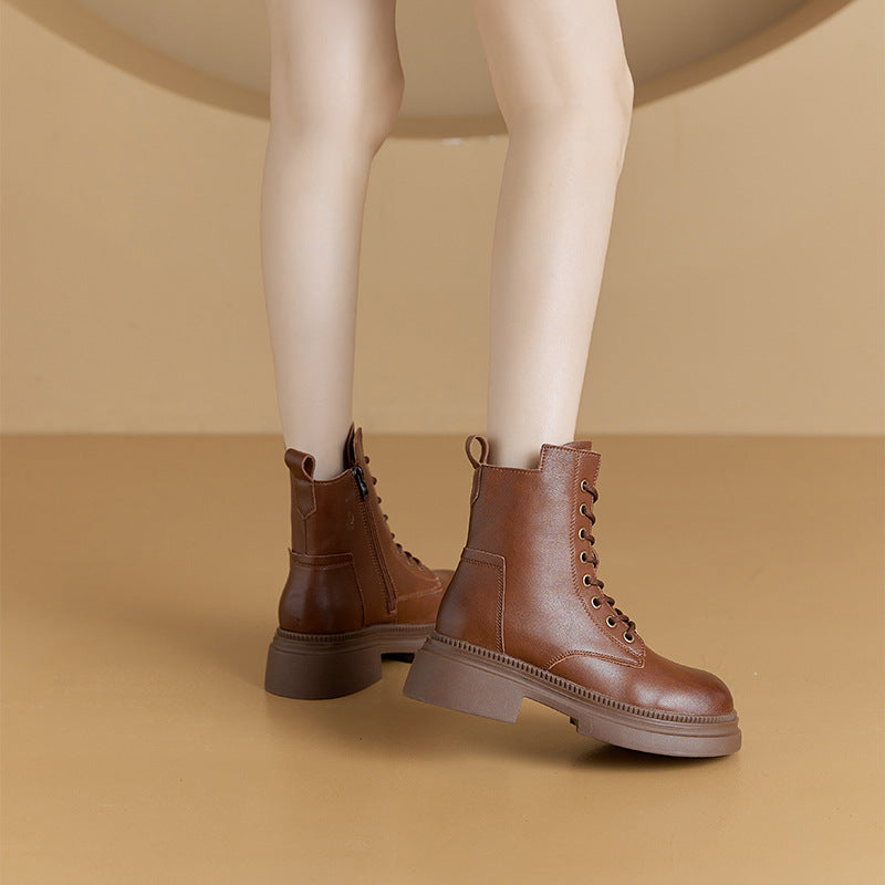 Retro Genuine Leather Martin Boots Women Korean Version Thick Sole