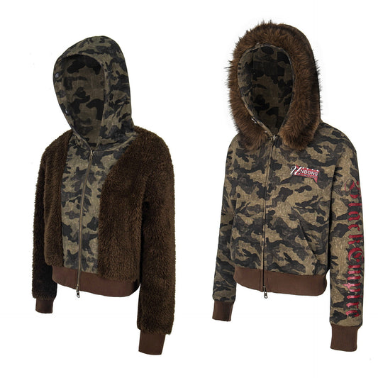 American Retro Camouflage Reversible Detachable Hooded Fur Jacket